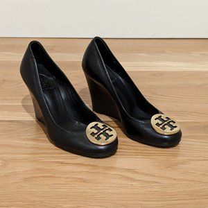 Tory Burch Black Leather Sally Wedge - Size 5